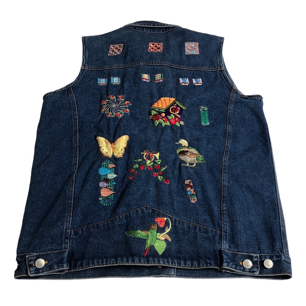Vintage 90s MixIt Denim Vest Womens M Blue Jean Embroidered Cottagecore Patches